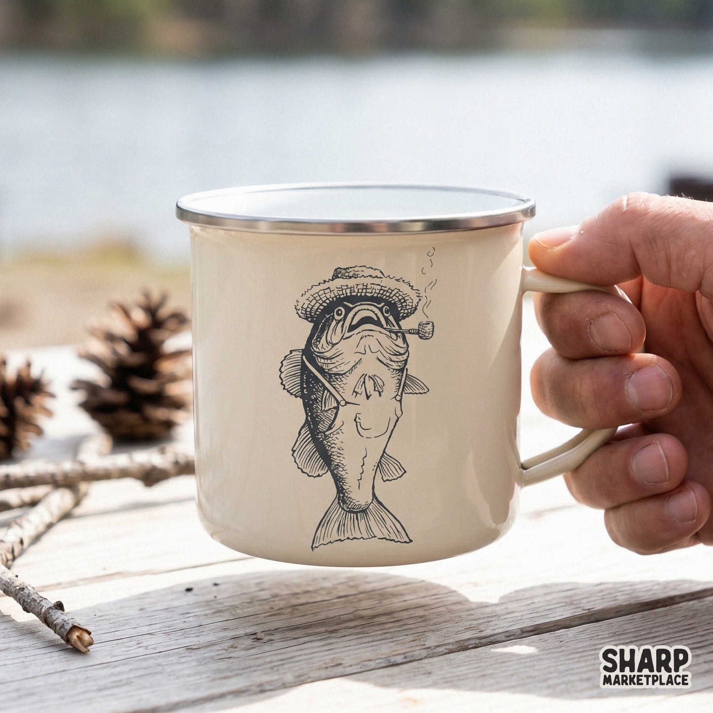 Retro funny bass fish wearing farmer overalls and a straw hat sublimation design for Father's Day shirts