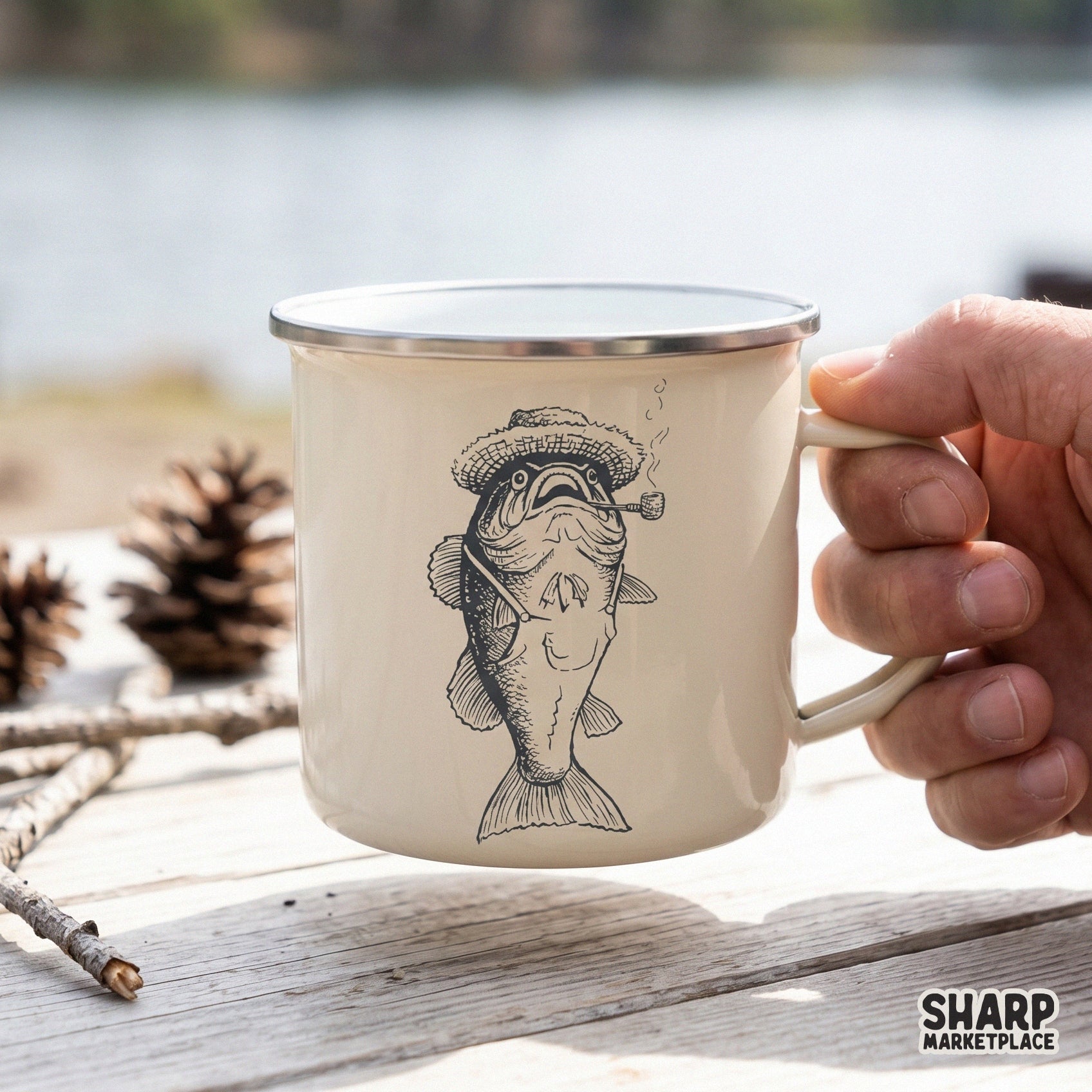 Retro funny bass fish wearing farmer overalls and a straw hat sublimation design for Father's Day shirts