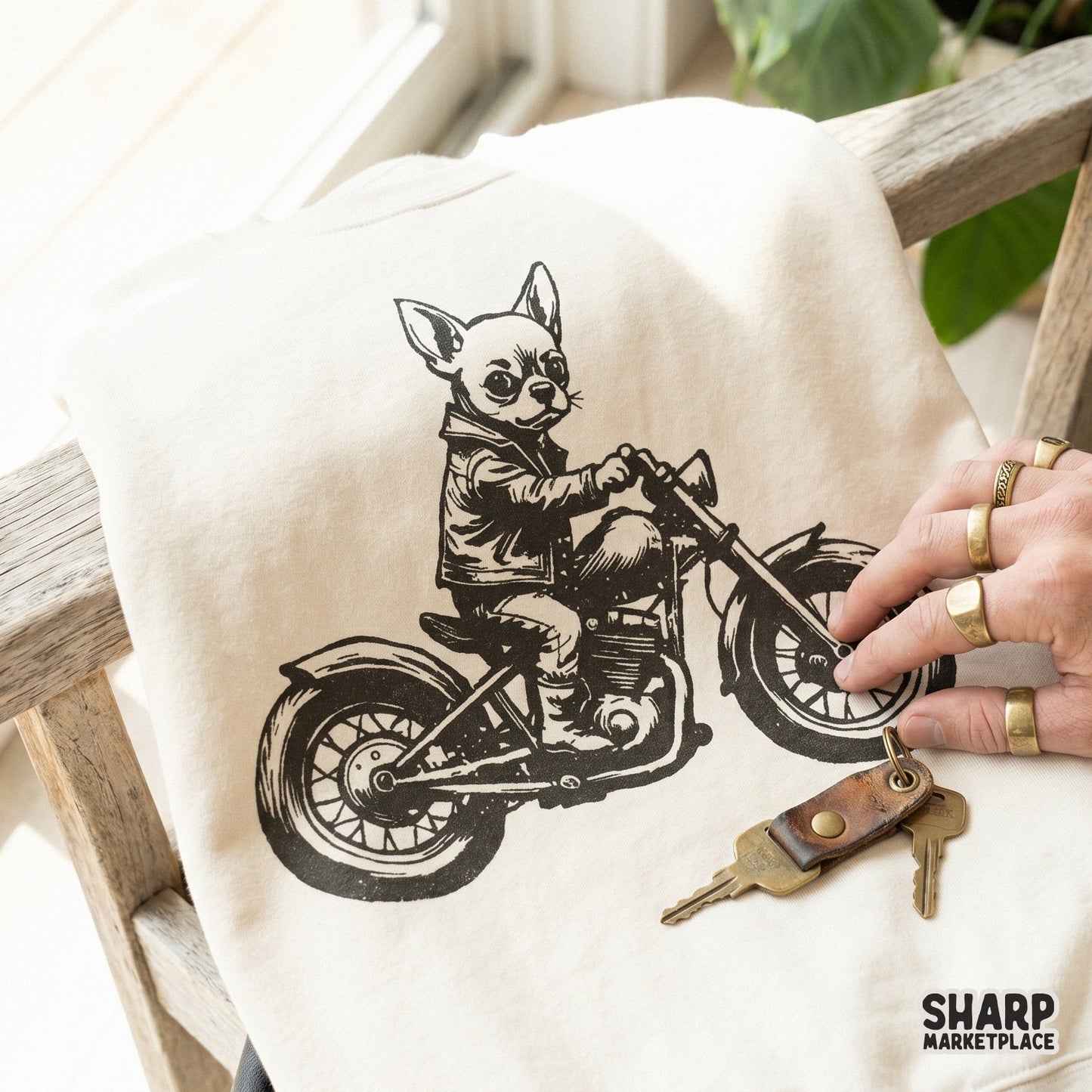 Funny biker dog digital download featuring a chihuahua on a chopper, ideal for creating unique graphic tees, wall art, and custom pet-themed gifts.