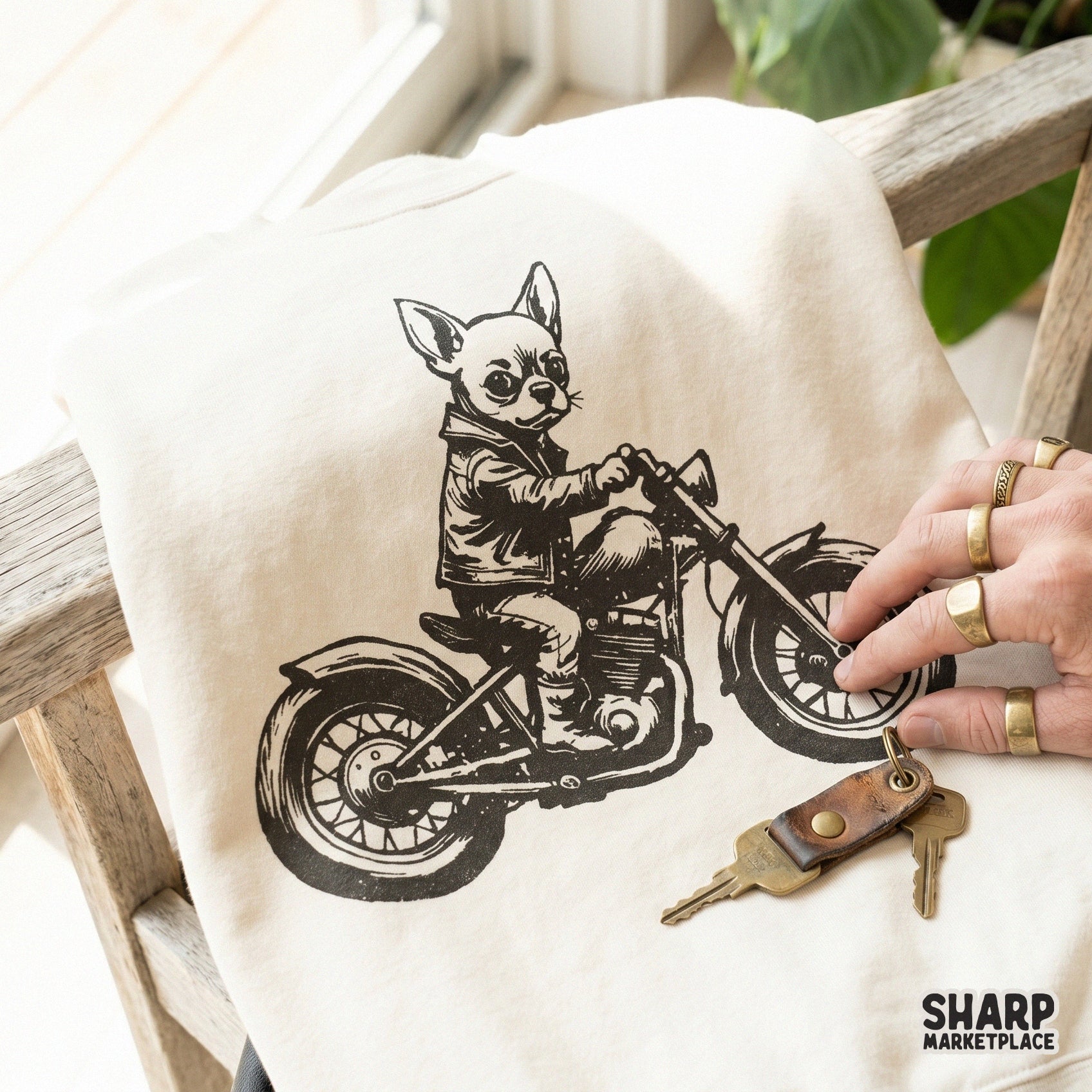 Funny biker dog digital download featuring a chihuahua on a chopper, ideal for creating unique graphic tees, wall art, and custom pet-themed gifts.
