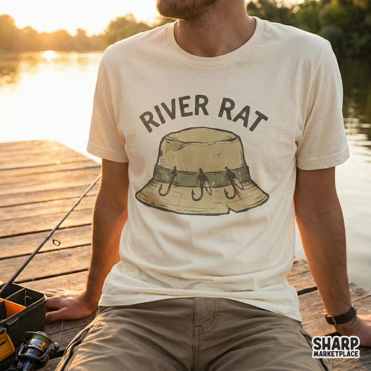 Digital sublimation design showing a rustic bucket hat with fishing lures and River Rat text, perfect for custom fisherman apparel and shirts.