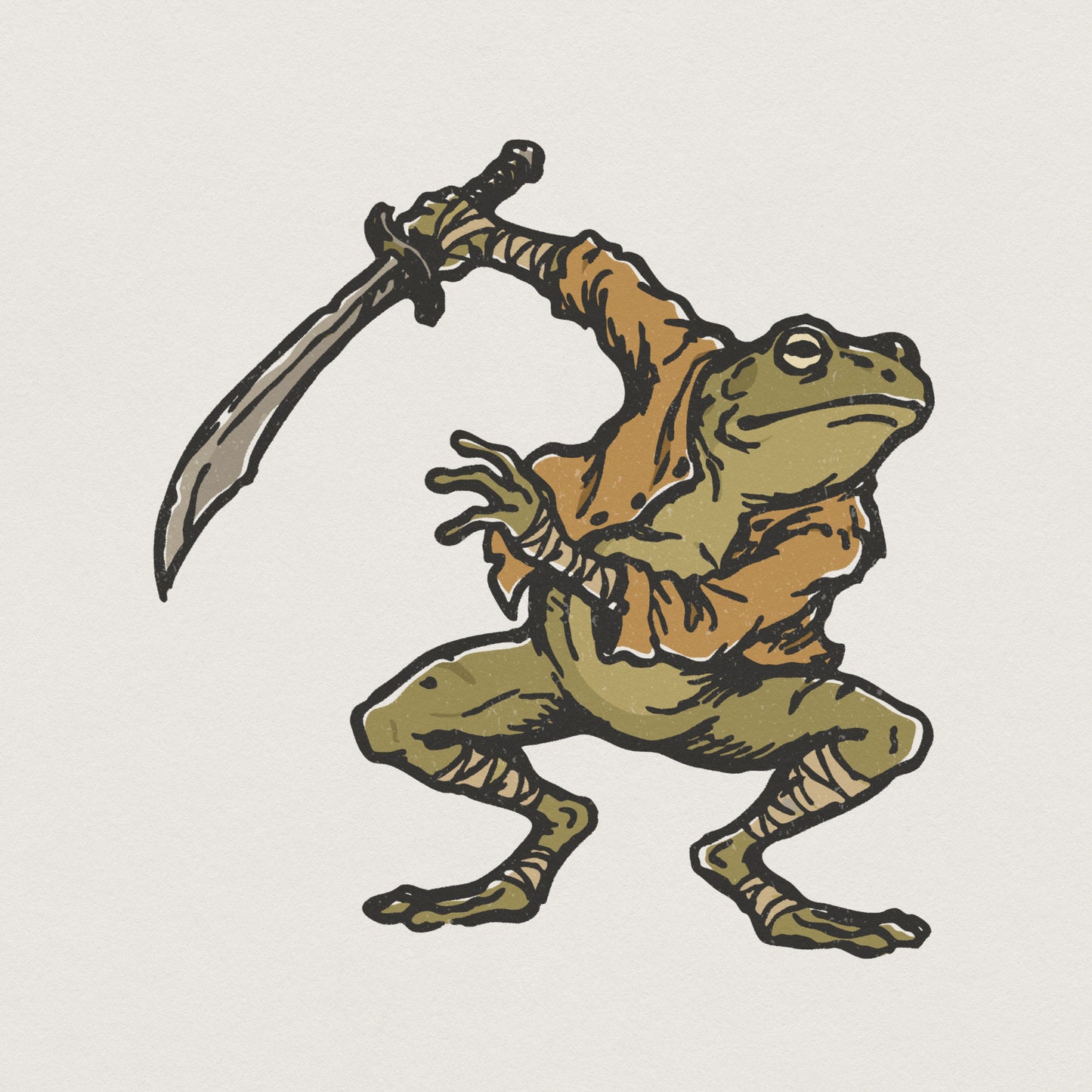 A medieval frog warrior holding a curved sword in a dynamic fighting stance, featuring rustic olive green and tan colors in a woodcut illustration style.