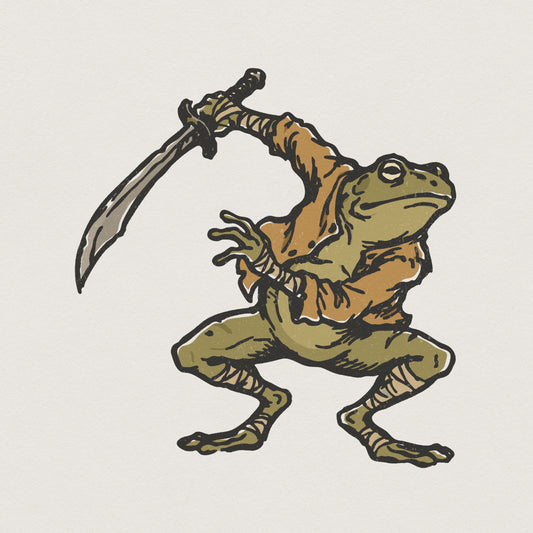 A medieval frog warrior holding a curved sword in a dynamic fighting stance, featuring rustic olive green and tan colors in a woodcut illustration style.