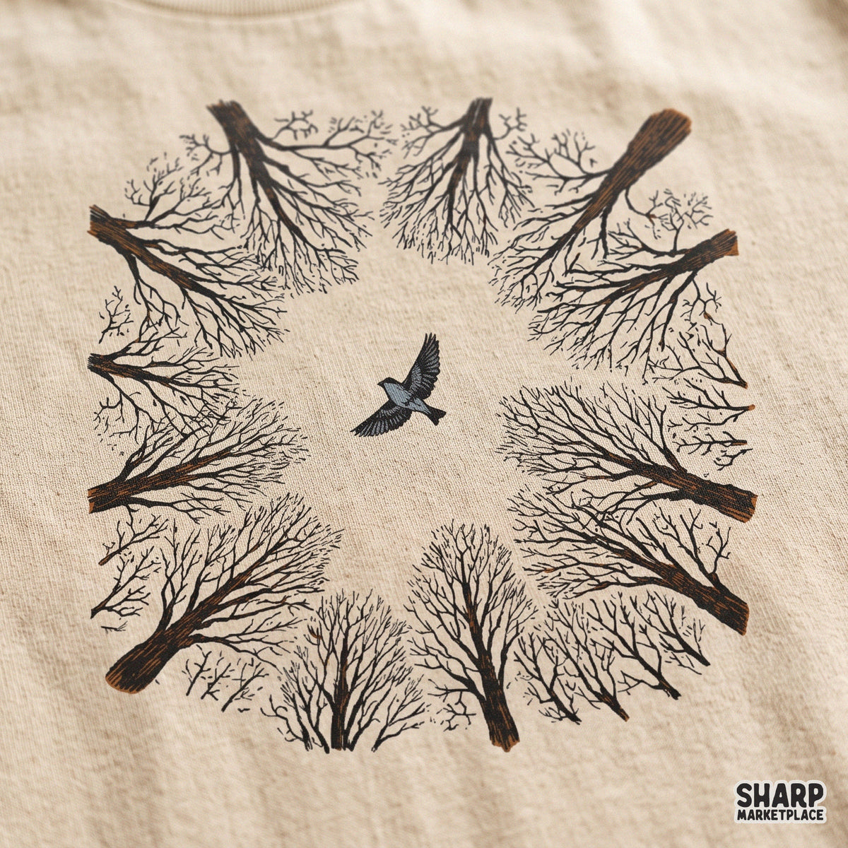 Bird Flying Through Tree Canopy Circle PNG, Vintage Winter