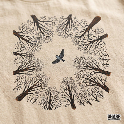 Bird Flying Through Tree Canopy Circle PNG, Vintage Winter