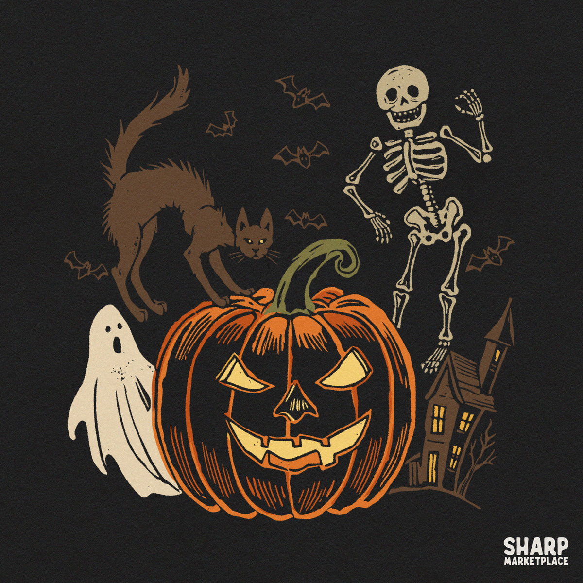 Spooky Halloween haunted house scene featuring a black cat, ghost, and skeleton PNG design for shirt printing