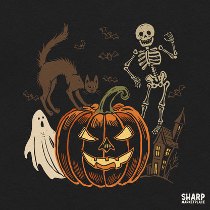Spooky Halloween haunted house scene featuring a black cat, ghost, and skeleton PNG design for shirt printing