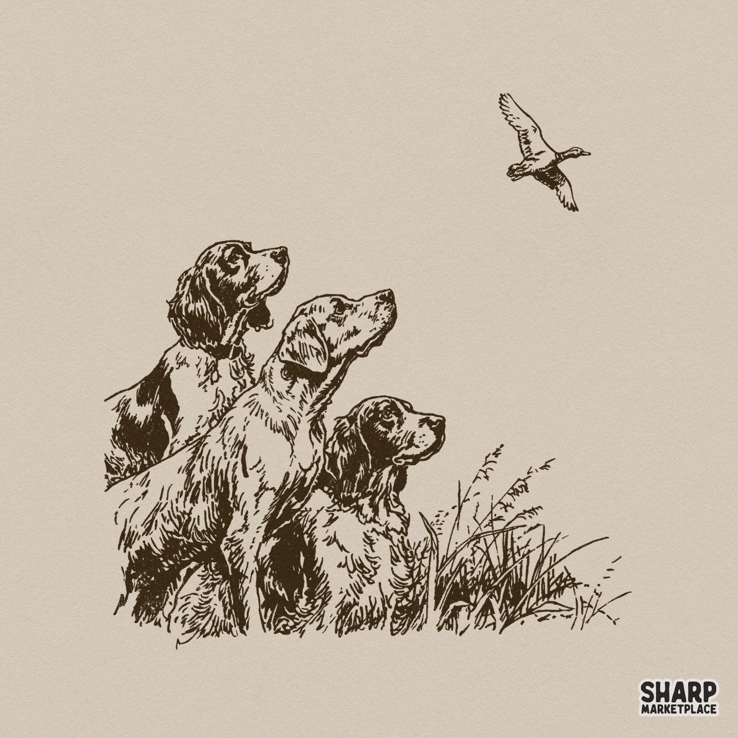 Vintage style hunting dog illustration featuring three pointers and a flying duck in sepia brown, perfect for sublimation and apparel design.