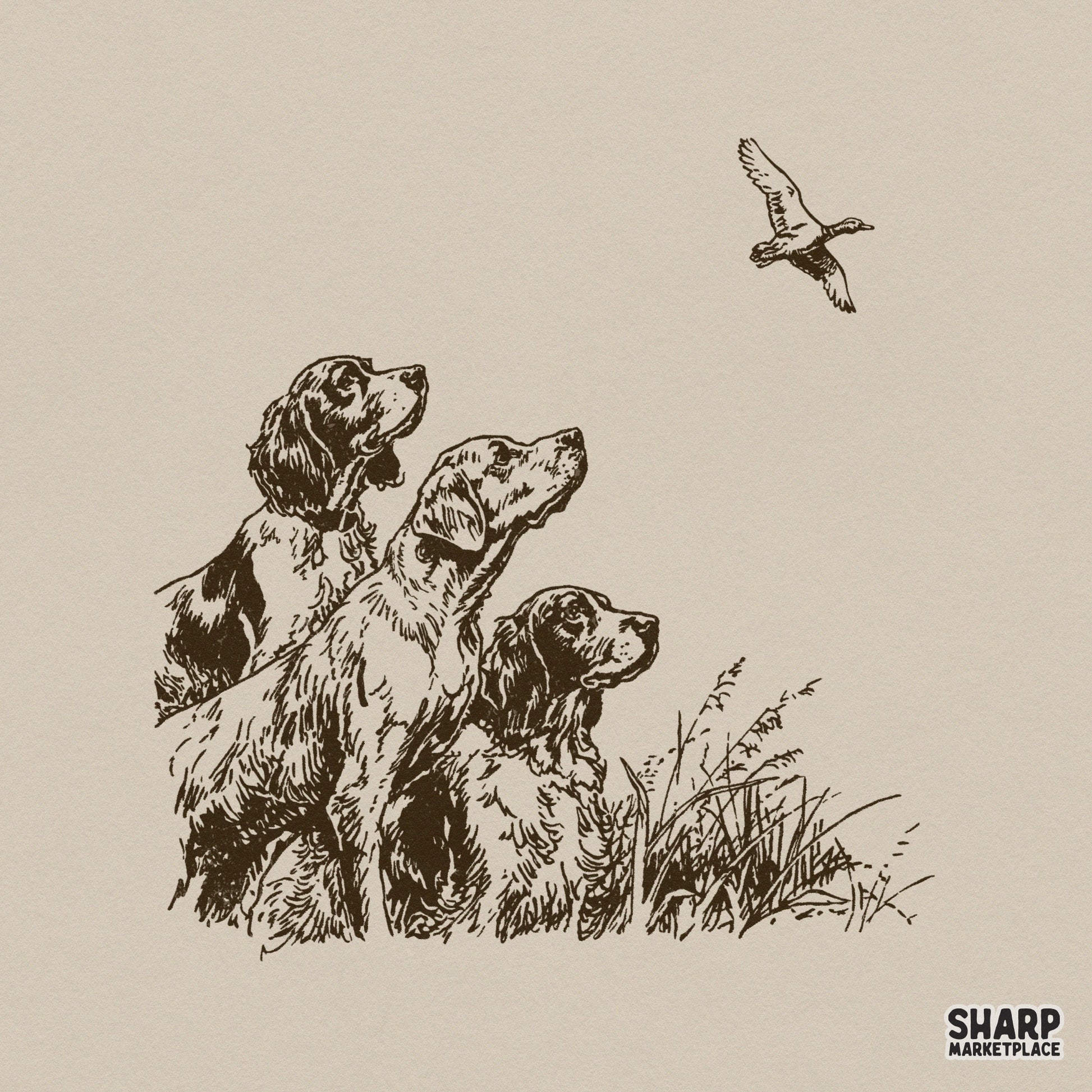 Vintage style hunting dog illustration featuring three pointers and a flying duck in sepia brown, perfect for sublimation and apparel design.