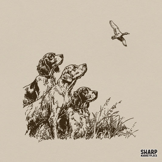 Vintage style hunting dog illustration featuring three pointers and a flying duck in sepia brown, perfect for sublimation and apparel design.
