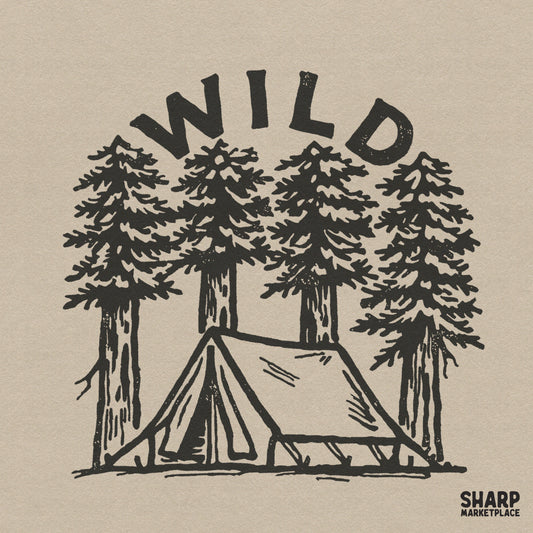 Wild vintage pine tree and camping tent sublimation design in retro forest graphic style for autumn t-shirt prints