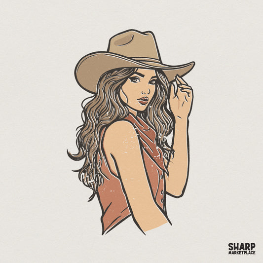 Retro Cowgirl PNG, Western Girl Digital Download - 300 DPI Design for