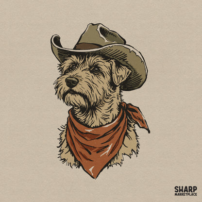 Hand-drawn illustration of a scruffy terrier wearing a dusty brown cowboy hat and rustic orange bandana, perfect for western-themed sublimation art.