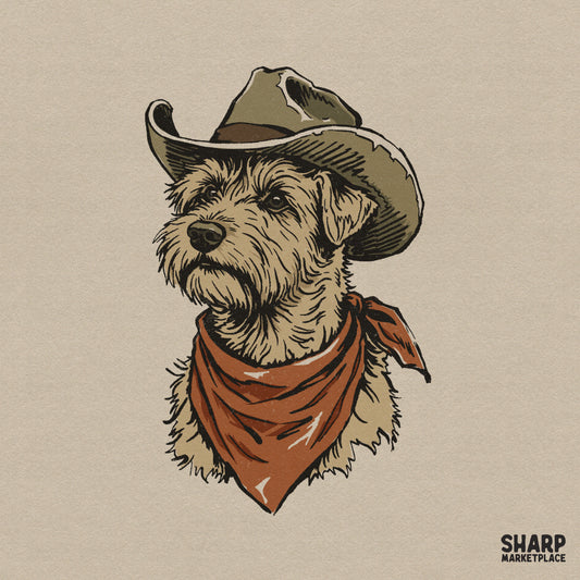 Hand-drawn illustration of a scruffy terrier wearing a dusty brown cowboy hat and rustic orange bandana, perfect for western-themed sublimation art.