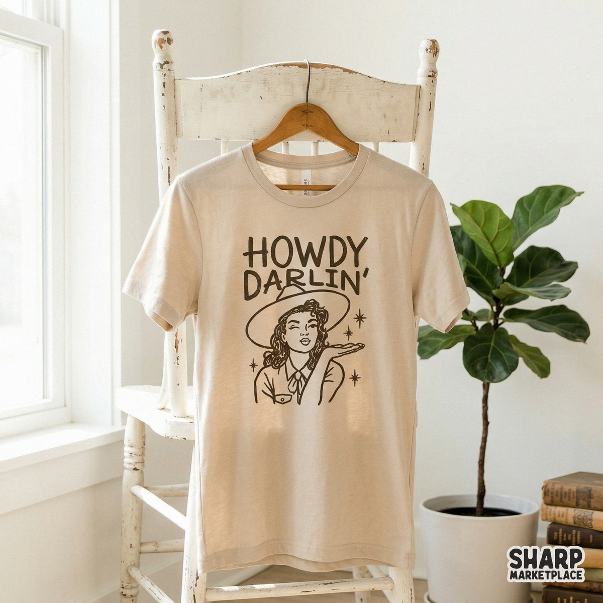Retro style cowgirl portrait digital file with the phrase Howdy Darlin, ideal for creating custom country-themed stickers, tumblers, and graphic tees.