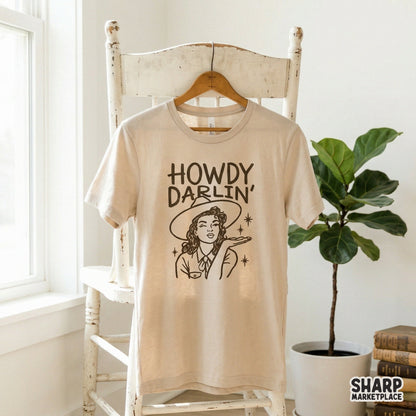 Retro style cowgirl portrait digital file with the phrase Howdy Darlin, ideal for creating custom country-themed stickers, tumblers, and graphic tees.