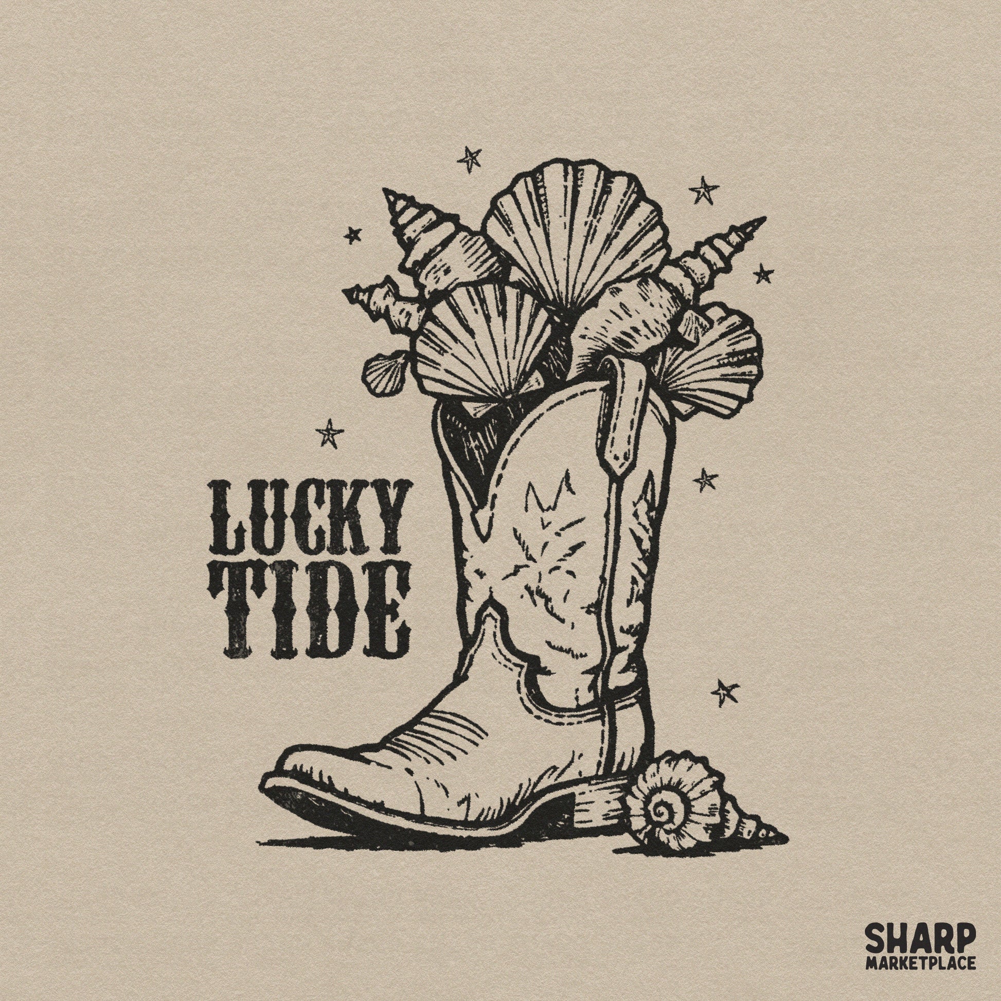Black ink illustration of a western cowboy boot filled with seashells and starfish with the text Lucky Tide, perfect for summer apparel.
