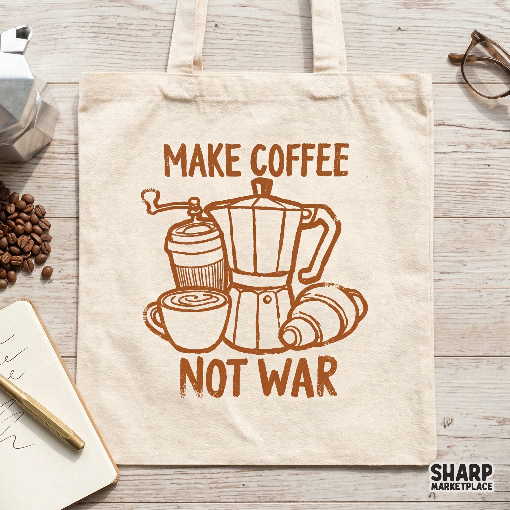 Cozy cafe-inspired digital graphic with hand-drawn coffee tools and bold typography, ideal for creating custom stickers, tumblers, and shirts.