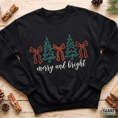 Coquette bow merry and bright christmas png design for holiday shirts and sublimation printing