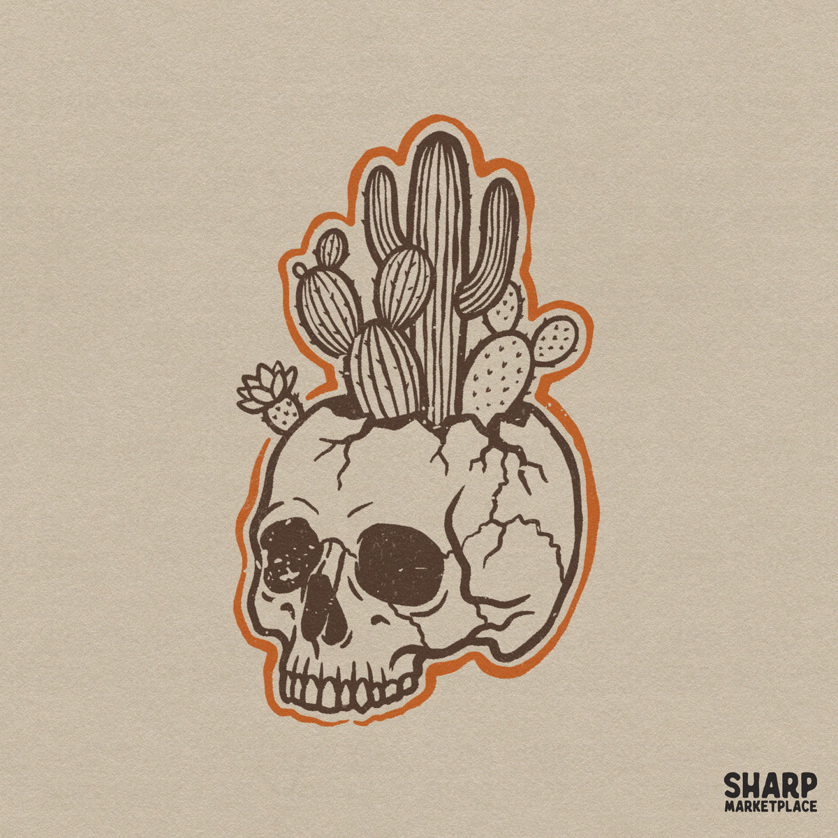Vintage brown ink skull planter with various desert cacti and a blooming succulent, featuring a bold orange die-cut outline for western apparel.