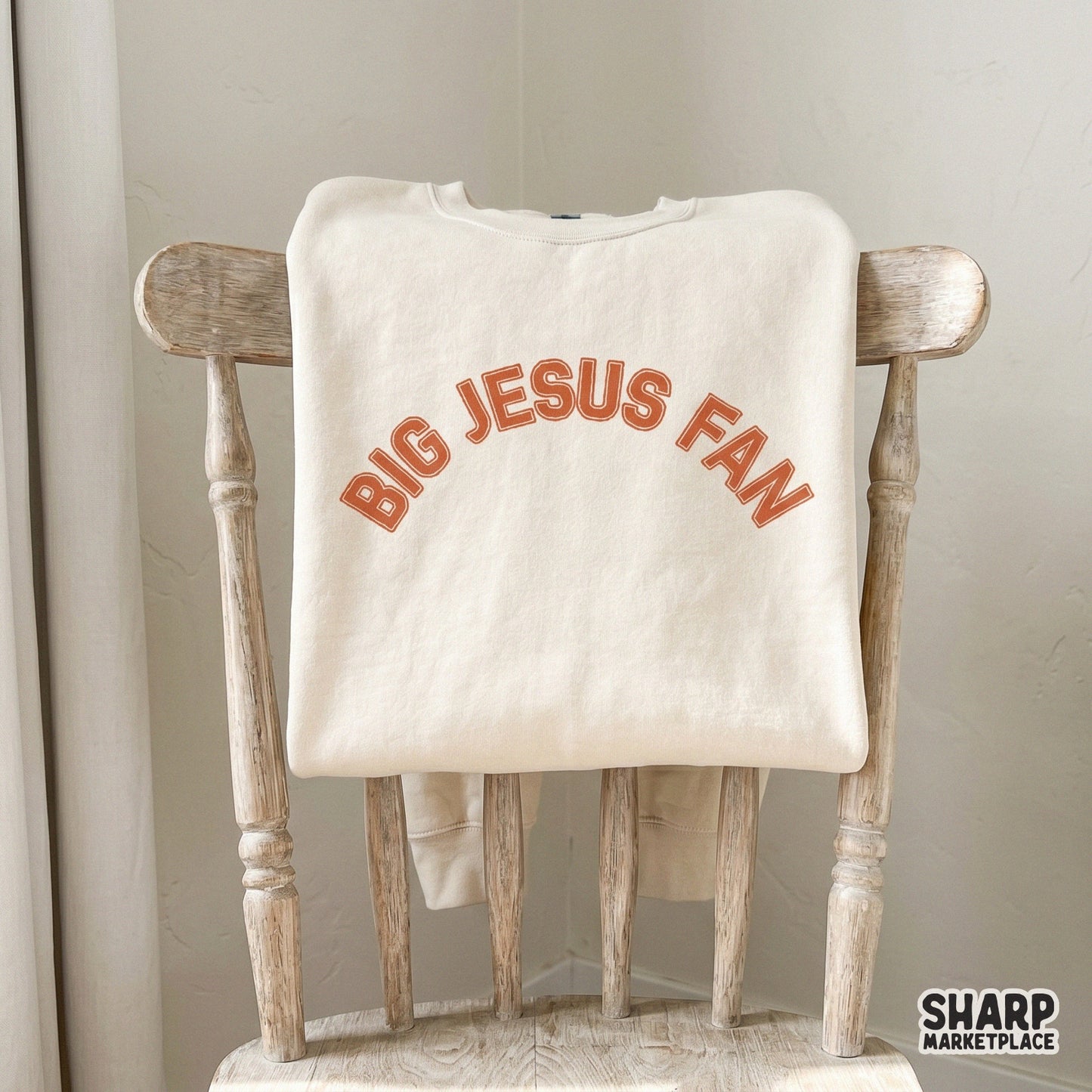 Retro Christian typography graphic featuring a big Jesus fan design for trendy faith t-shirts