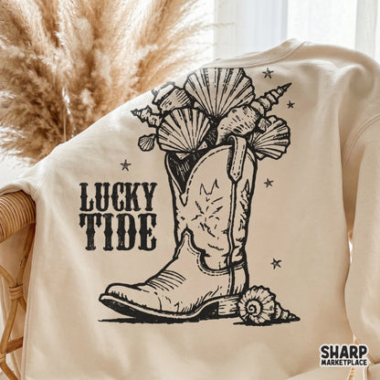Coastal cowgirl aesthetic design featuring a vintage western boot overflowing with seashells, styled for trendy summer t-shirt sublimation.