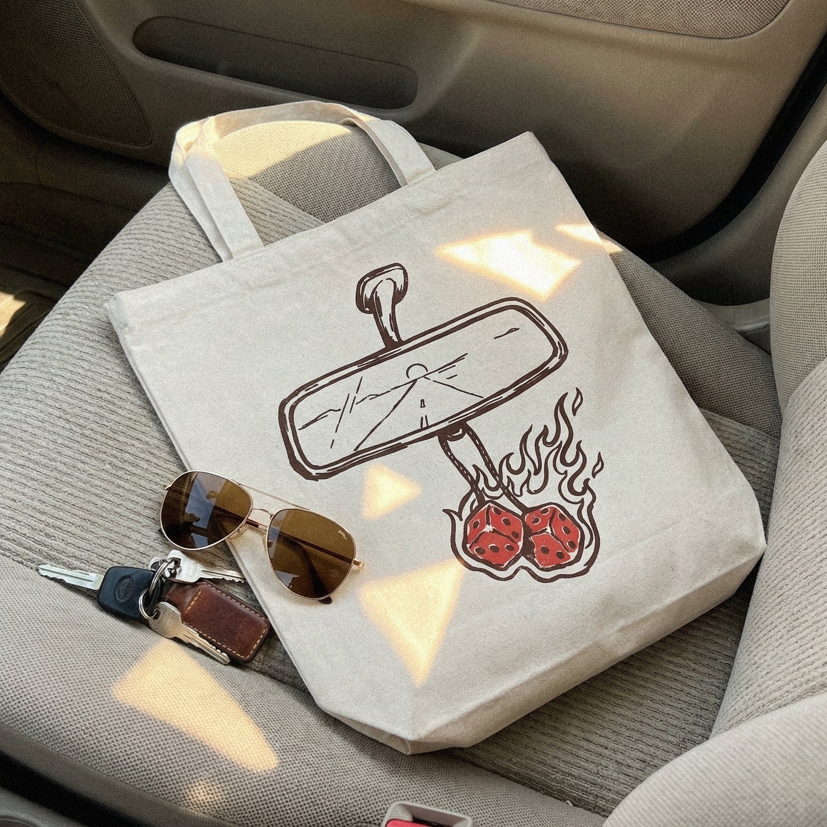 Highway Sunset Rearview Mirror PNG, Burning Dice Art - 300 DPI Design for