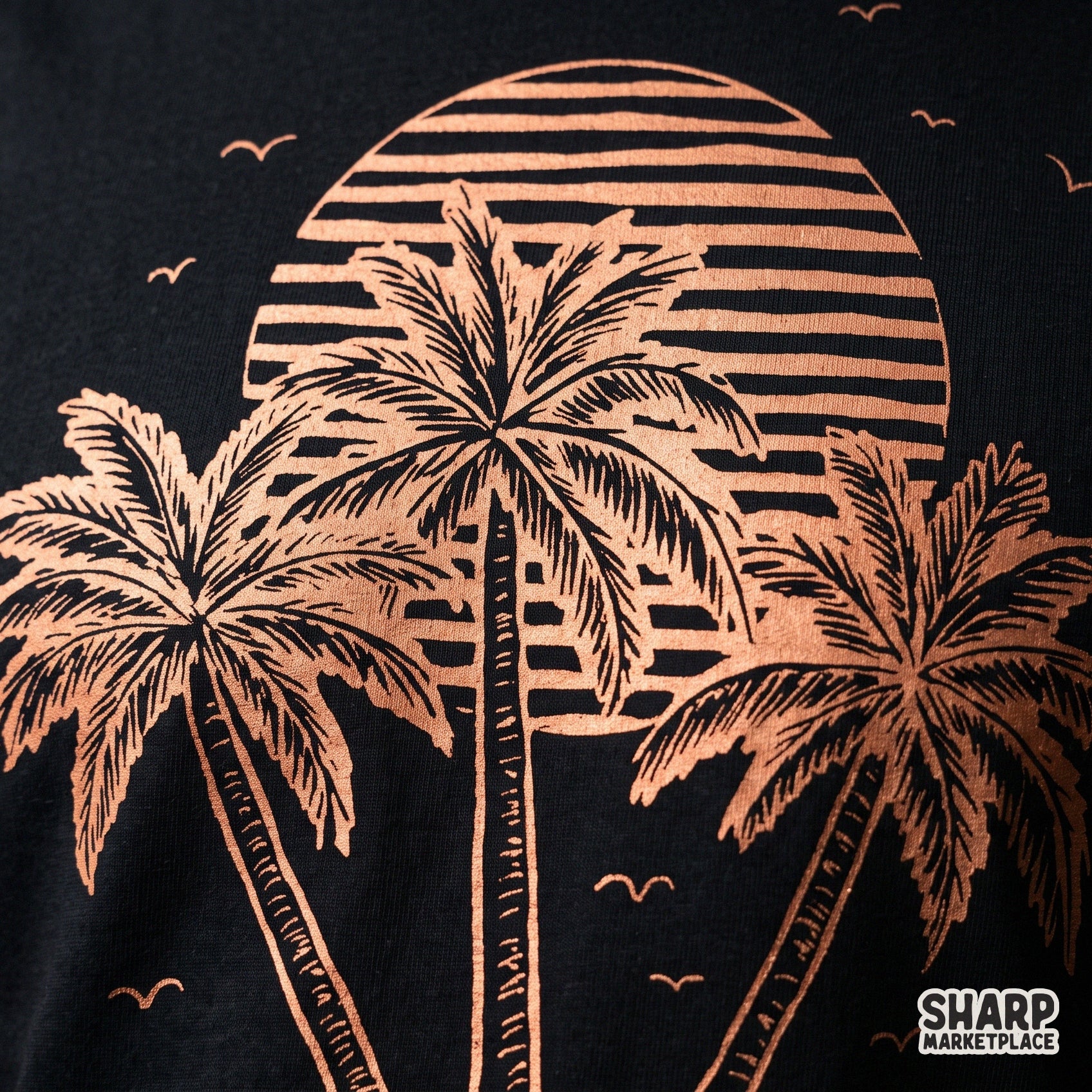 Vintage ocean sunset with three palm trees in a retro summer style for trendy beach shirts and tropical sublimation designs