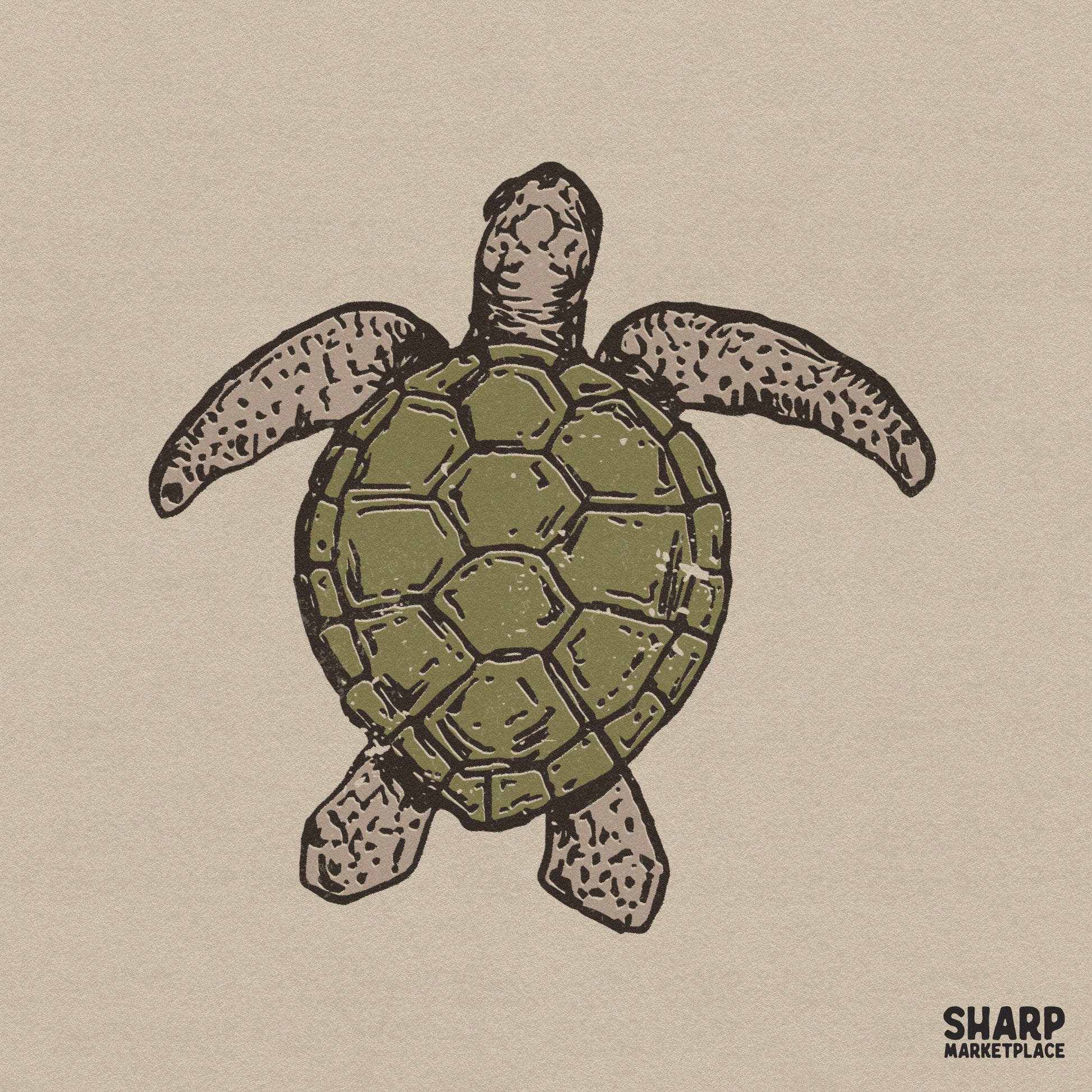 Vintage sea turtle illustration with an olive green shell and distressed earth-tone flippers, perfect for coastal apparel and summer sublimation.