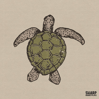 Vintage sea turtle illustration with an olive green shell and distressed earth-tone flippers, perfect for coastal apparel and summer sublimation.