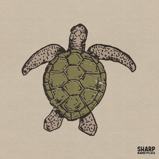 Vintage sea turtle illustration with an olive green shell and distressed earth-tone flippers, perfect for coastal apparel and summer sublimation.