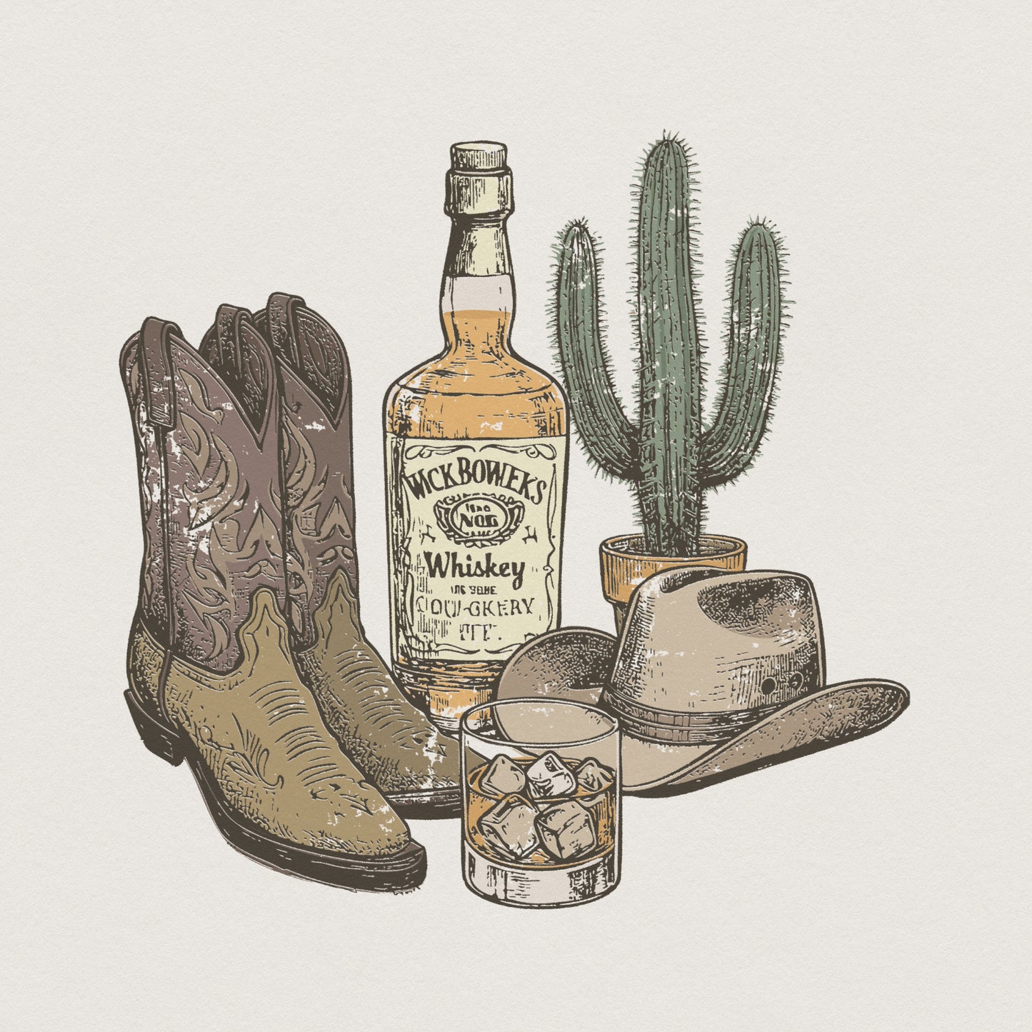 Vintage western bar art PNG featuring a whiskey bottle, cowboy boots, a hat, and a cactus in a sketch style for sublimation, apparel, or DIY decor.