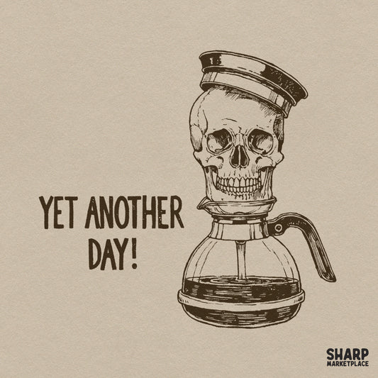 Funny retro skull with coffee pot transparent PNG design for sarcastic spooky season t-shirts and gifts