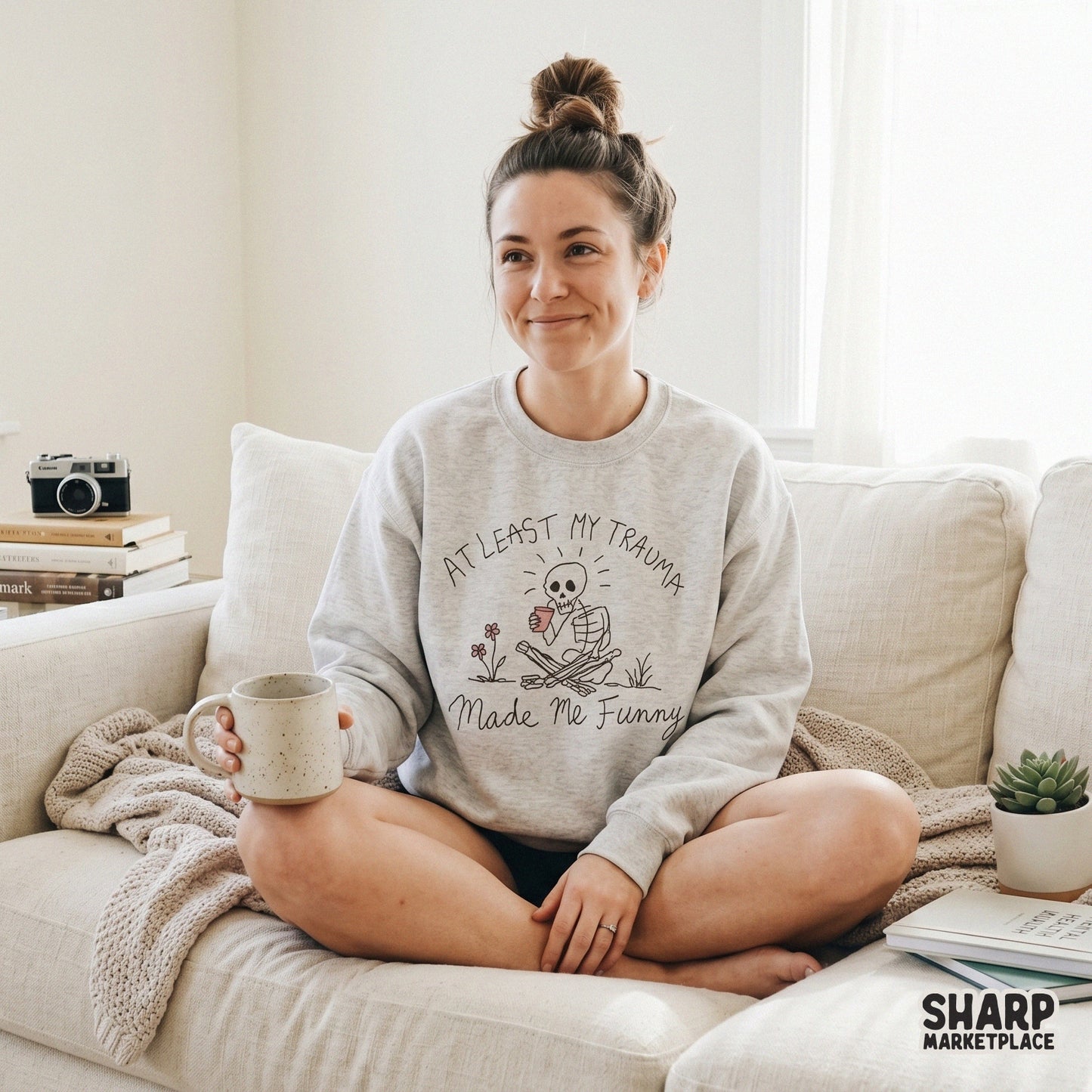 Dark humor skeleton graphic with a handwritten quote about trauma, ideal for DIY apparel, mental health awareness projects, and trendy print designs.