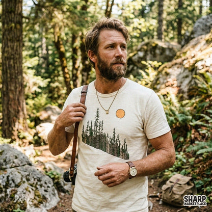 Retro wilderness pine forest on a rocky cliff edge graphic for camping t-shirts and sublimation projects