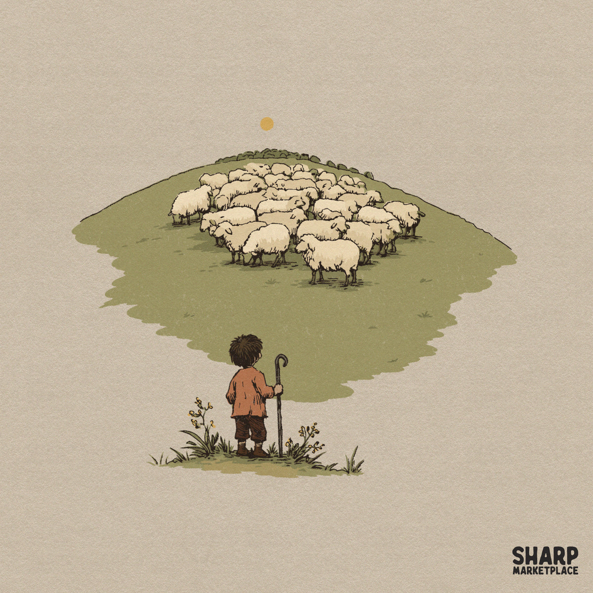 Hand-drawn illustration of a lone shepherd standing with a staff, looking up at a flock of sheep on a green hill under a soft golden sun.
