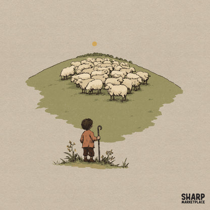 Hand-drawn illustration of a lone shepherd standing with a staff, looking up at a flock of sheep on a green hill under a soft golden sun.