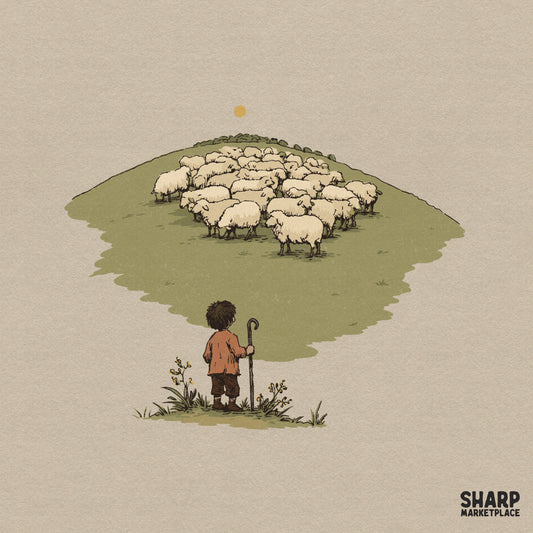 Hand-drawn illustration of a lone shepherd standing with a staff, looking up at a flock of sheep on a green hill under a soft golden sun.