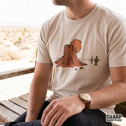Hand-drawn desert mesa art with a warm sunset and cacti, ideal for sublimation printing on t-shirts, tumblers, or custom outdoor-themed stickers.