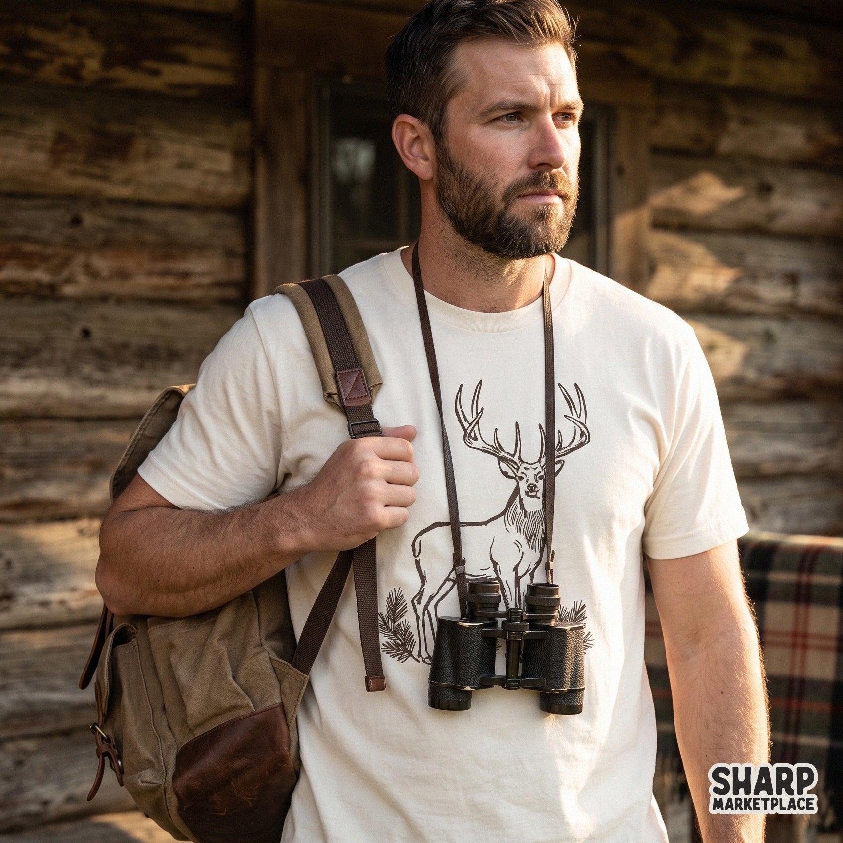 Vintage buck deer sketch in a rustic country music style for fall sublimation and camping apparel design