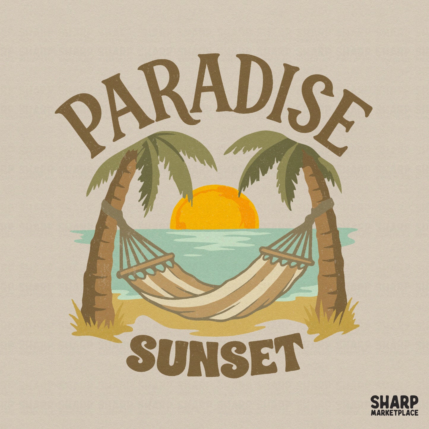 Retro tropical Paradise Sunset design with a hammock between two palm trees and a golden sun, perfect for summer sublimation shirts.