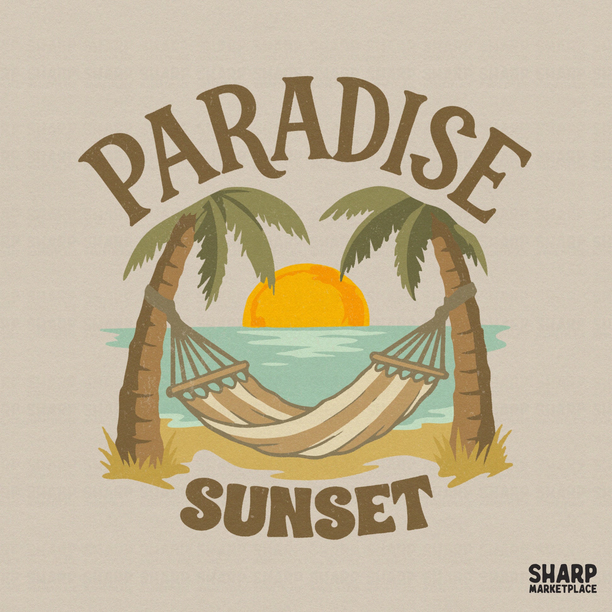 Retro tropical Paradise Sunset design with a hammock between two palm trees and a golden sun, perfect for summer sublimation shirts.