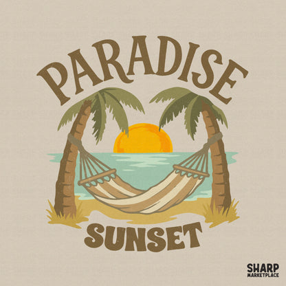 Retro tropical Paradise Sunset design with a hammock between two palm trees and a golden sun, perfect for summer sublimation shirts.