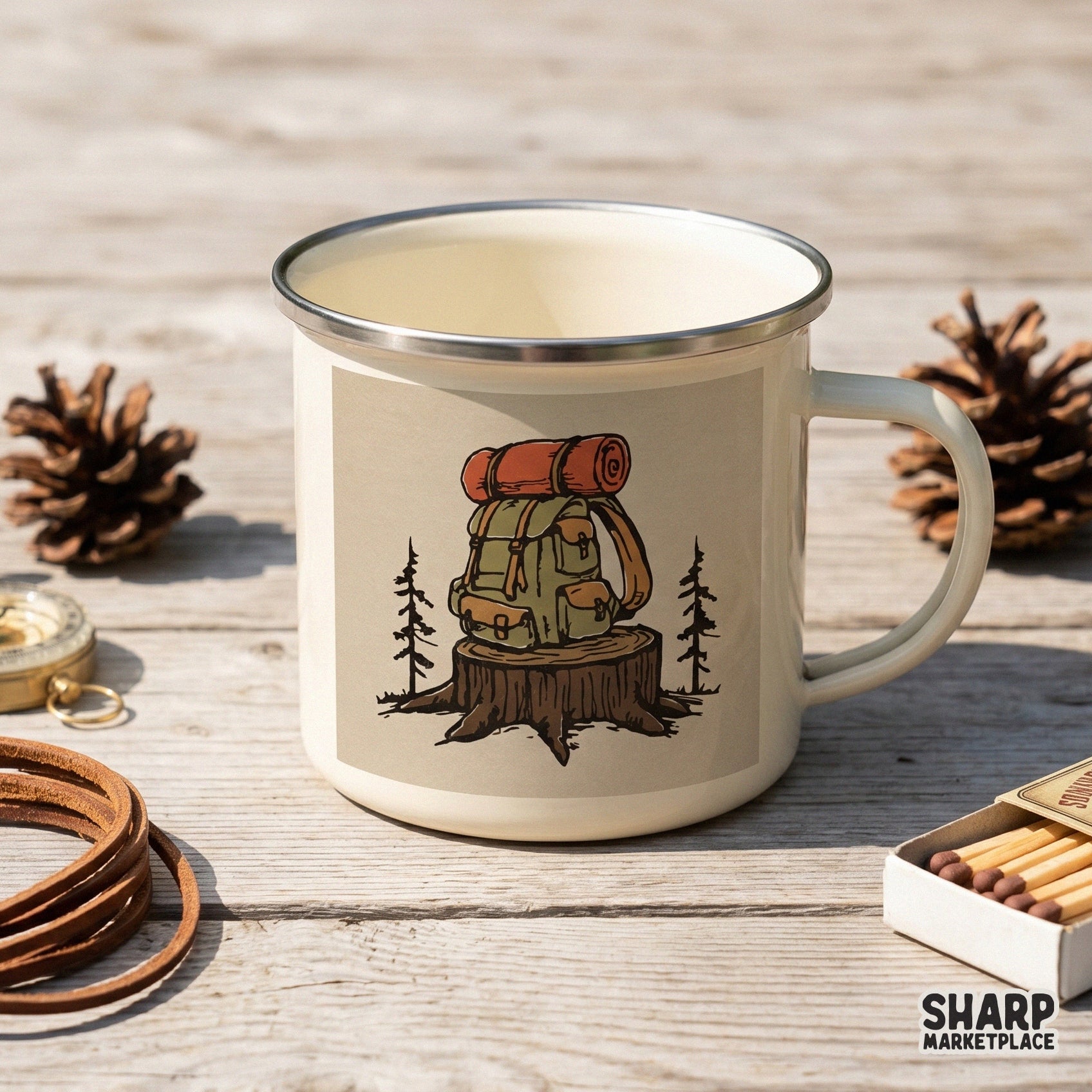 Vintage-style camping illustration with a backpack and sleeping roll on a stump, designed for high-quality print-on-demand shirts and tumblers.