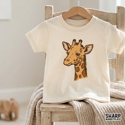 Detailed digital sketch of a baby giraffe with warm brown spots, ideal for creating trendy vinyl stickers, t-shirt graphics, or personalized DIY gifts.
