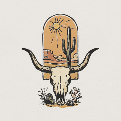 Desert Skull PNG, Western Longhorn Art - 300 DPI Design for T-Shirt