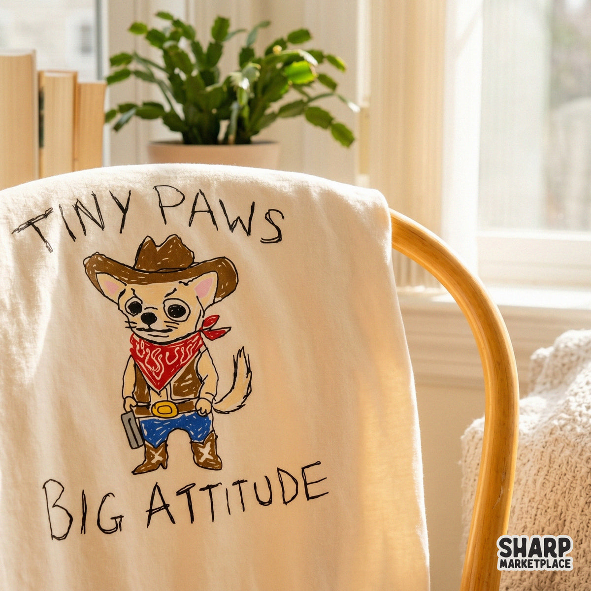 Whimsical sketch-style chihuahua cowboy character with a sassy expression, ideal for print-on-demand projects, apparel, and sarcastic dog lover art.