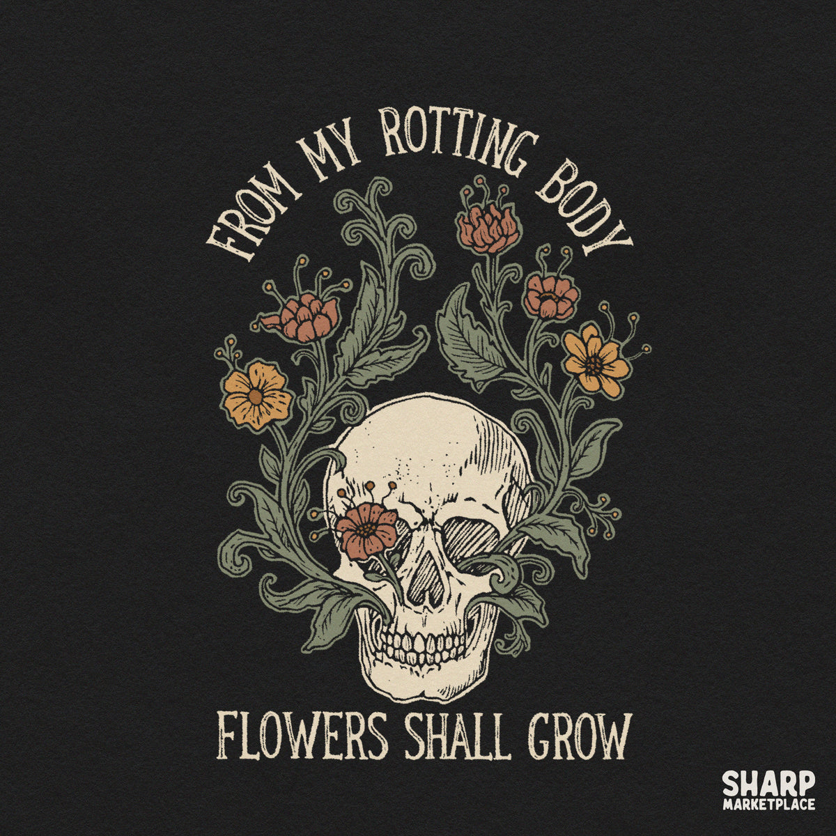 Gothic floral skull PNG art with blooming flowers for spooky season shirts and sublimation crafts