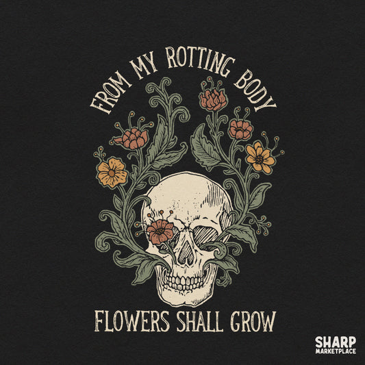 Gothic floral skull PNG art with blooming flowers for spooky season shirts and sublimation crafts