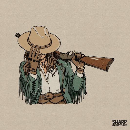 Hand-drawn illustration of a cowgirl in a teal fringed jacket and tan hat holding a shotgun, perfect for western-themed sublimation and apparel.